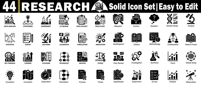 Research solid icons set. Including data analysis, hypothesis experiment, literature review, data collection, and field study.