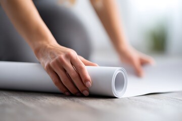 Fototapeta premium Woman's hands rolling a large sheet of white paper on a wooden floor. Close-up of a person preparing a blank scroll for a new project. Creative or architectural concept