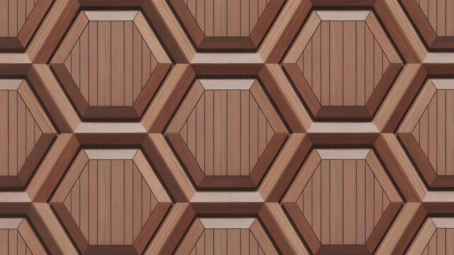 Geometric wood hexagon pattern with subtle texture and warm lighting for architectural design