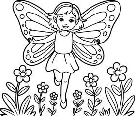 Obraz premium Cute fairy butterfly girl coloring page vector illustration with flowers isolated fantasy outline design for children