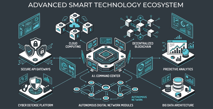 Advanced smart technology ecosystem diagram with connected modules and central ai command center.