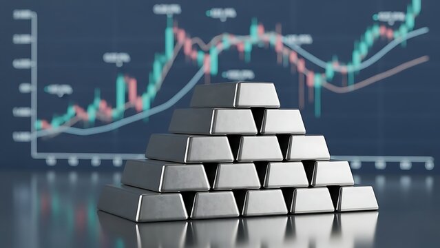 Stack of silver bars with financial graph background pyramid
