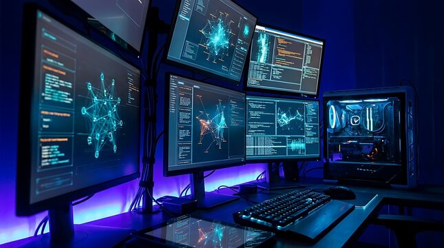 High-tech computer setup with multiple monitors displaying complex data visualizations and a powerful gaming PC