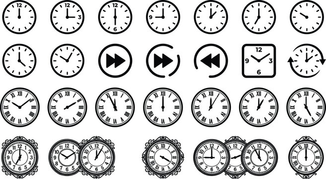  Clock Icon Set with Analog Timepieces, Roman Numerals, Ornate Clocks, Fast Forward and Time Management Symbols Vector