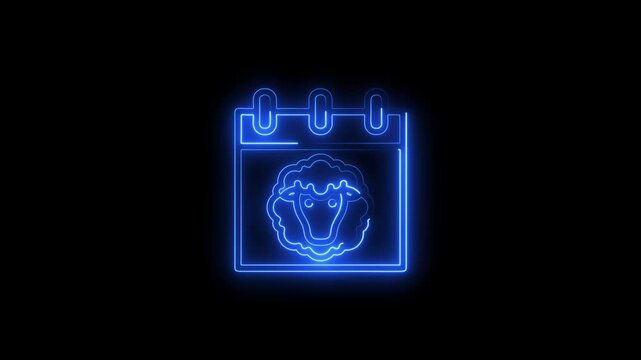 Neon blue calendar with sheep on black background easter date planner symbol