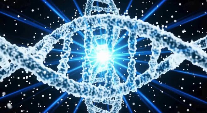 Abstract dna double helix rotation in blue space with glowing light and floating particles.