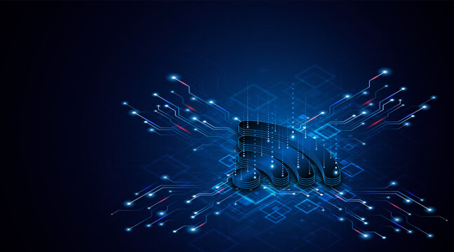 Futuristic 3D Wi-Fi icon on dark blue circuit background. High-speed internet connection and digital networking technology concept.