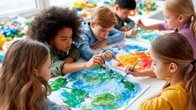 Diverse children painting earth and rainbow colors together in classroom, creativity, inclusion and environmental awareness education