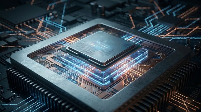 Advanced Processor Microchip with Blue and Orange Energy Circuits