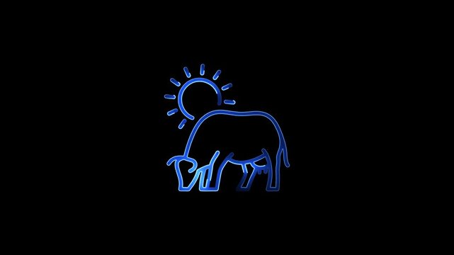 Neon blue elephant standing under sun on black background