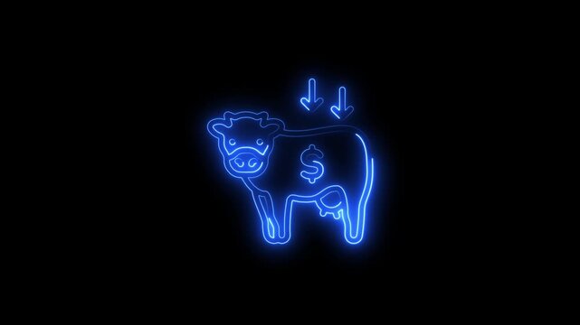 Blue Neon Cow Cash Money Symbol with Dollar Sign and Arrows on Black Background cash cow money cow