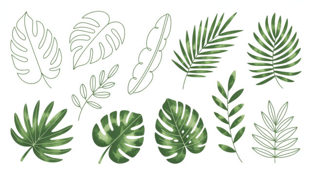 Tropical Leaves Watercolor Illustration Set &ndash; Monstera, Palm, Banana Leaf, and Exotic Botanical Clipart Collection