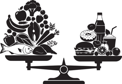 Healthy food vs junk food, balanced diet concept, black icons, vector illustration, weight scale