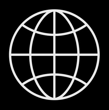 Minimalist globe vector icon isolated on black background. Earth grid sphere line art symbol for web, internet, and global business technology.