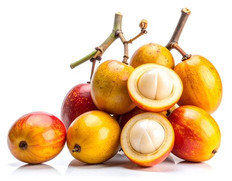 Ultra-realistic studio of fresh ackee fruits on wooden surface white background