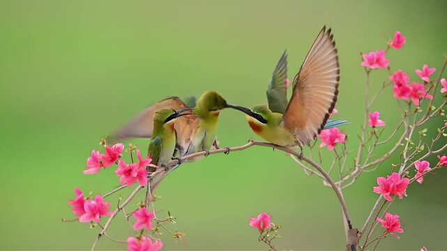 The blue tailed bee eater is perched on a pink flower branch