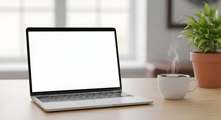 Fototapeta premium Laptop mockup with coffee and indoor plant, blurred background.