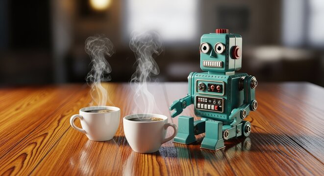 A vintage-style teal robot sits beside two steaming ceramic coffee cups on a polished rustic wooden table in a brightly lit indoor space, artificial intelligence, antique, classic