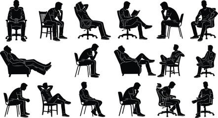 Silhouettes of people seated in various chair positions showing relaxation, reading, thinking, and everyday lifestyle body language posture unity © Sohel