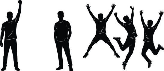 Silhouettes of people standing casually and jumping with raised arms representing energy, joy, confidence, and expressive human body language unity © Sohel