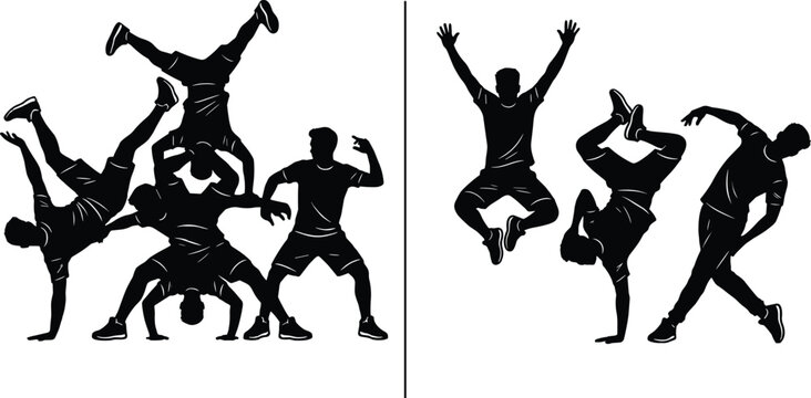 Silhouettes of energetic dancers performing breakdance, acrobatic moves, and expressive jumps to represent rhythm, creativity, athleticism, and artistic movement unity