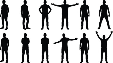 Silhouettes of standing people in diverse postures and gestures showing communication, confidence, expression, and human body language movement unity © Sohel