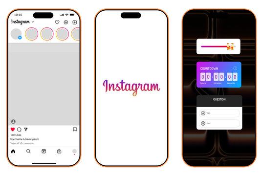 Instagram mobile interface screens including home feed stories and interactive story stickers editorial use only