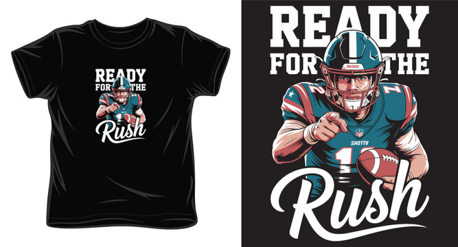 American football player illustration for t-shirt design with ready for rush slogan vector graphics.