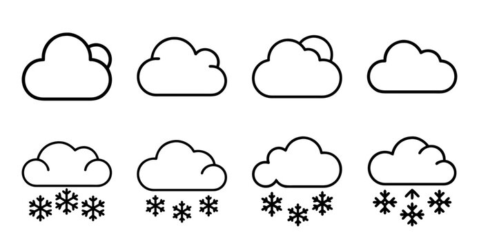 Weather icons showing cloud and snow combinations - Simple vector icons illustrating different weather conditions with clouds and snowflakes for easy visual reference.