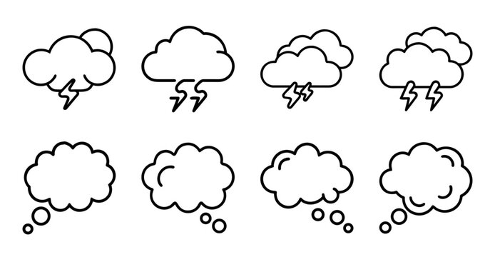 Set of eight speech thought bubbles in simple style - Eight minimalist thought bubbles in a clean, white space for use in presentations, comics, or digital media.