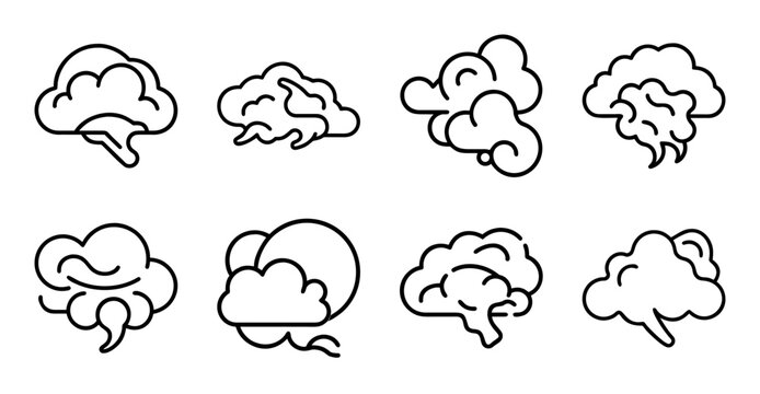 Simple thought bubble cloud icons set - Minimalist set of nine thought bubble clouds in clean line art style for presentations or web design.