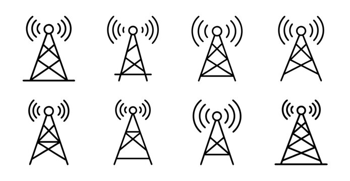 Wireless signal icons with different strengths - Set of eight wireless signal icons showing varying connection strengths with clear visual differences for stock use.