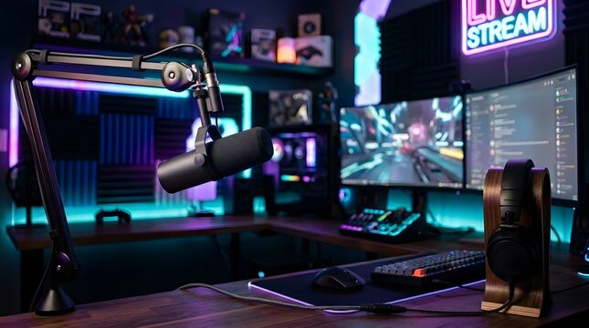 Professional gaming and live stream setup with a microphone on a boom arm, dual monitors, keyboard, and headphones in a dark room with neon RGB led lights
