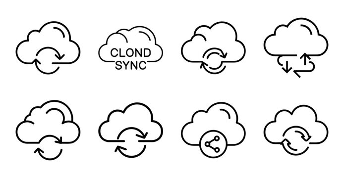 Various simple cloud icons with rain and sun - Collection of minimalist cloud icons showing different weather styles, including sunny, rainy, and stormy variations.