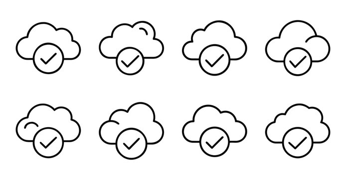 Cloud icons with check marks in a row - Minimalist set of cloud icons showing different check mark statuses for use in apps or presentations.
