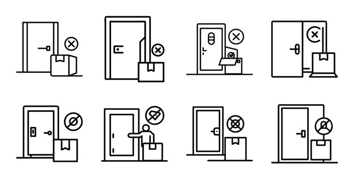 Flat design icons of people using elevators - Set of minimalist vector icons showing people pressing elevator buttons and riding in different scenarios