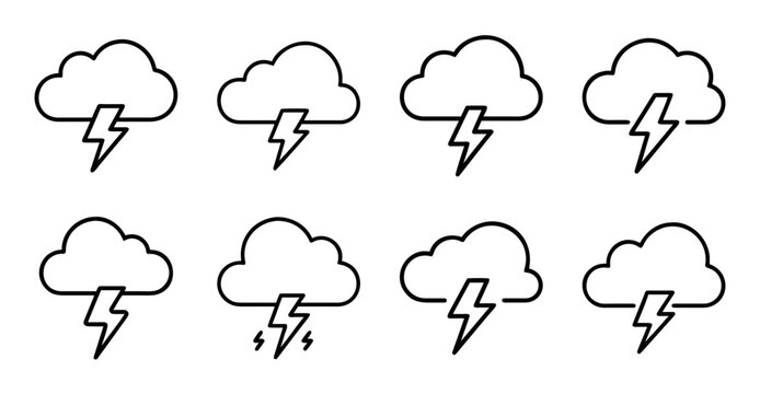 Weather icons with thunderstorm and cloud symbols - Set of eight simple vector icons showing thunderstorms inside clouds for weather apps or designs.