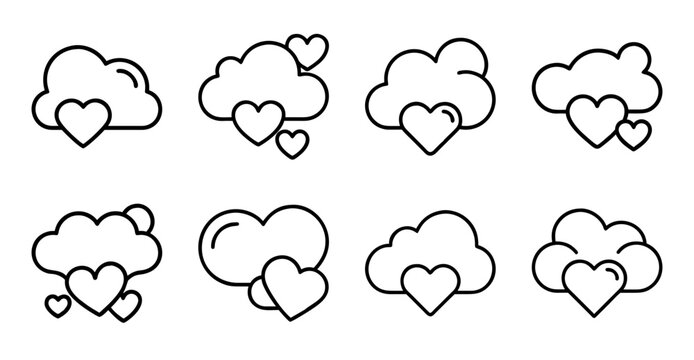 Cute cloud icons with hearts in a row - Simple vector icons of fluffy clouds each containing a heart, arranged in a playful line design.