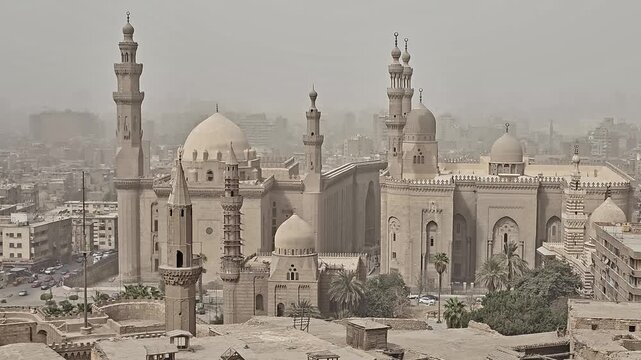 Two grand Cairo mosques with multiple minarets and imposing domes rise above the sprawling hazy cityscape of Egypt's capital, a symbol of Islamic heritage and history.