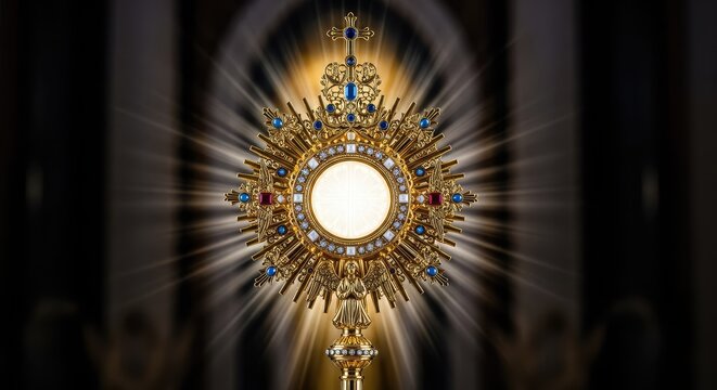 An ornate golden monstrance displays a white consecrated host, radiating brilliant light against a dark, sacred church interior setting, shining, ritual, cultural