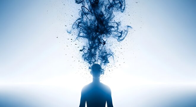 ​Human silhouette with abstract blue smoke exploding from head symbolizing mental pressure or stress