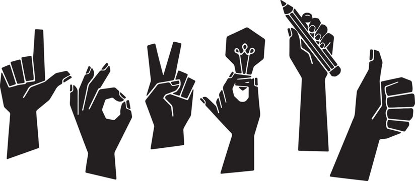 Black hands making gestures, including thumbs up, okay sign, peace sign, lightbulb, and pencil white