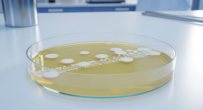Close up of a transparent culture dish containing small white microbial colonies arranged on agar inside a sterile laboratory environment, testing, medicine, yeast
