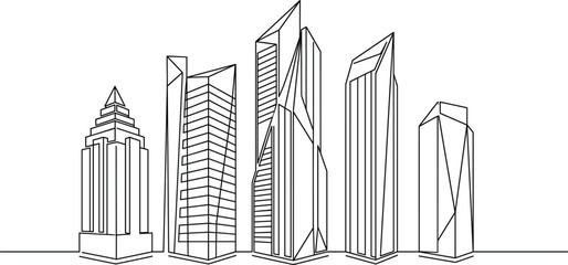 Obraz premium Modern City Skyline Line Art Illustration with Futuristic Skyscraper Buildings for Urban Architecture, Business, and Real Estate Vector Design