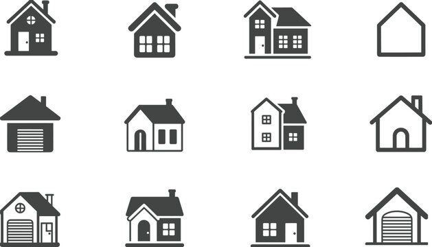 Black silhouette vector icons of houses with varied roof styles, windows, doors, chimneys, and garages