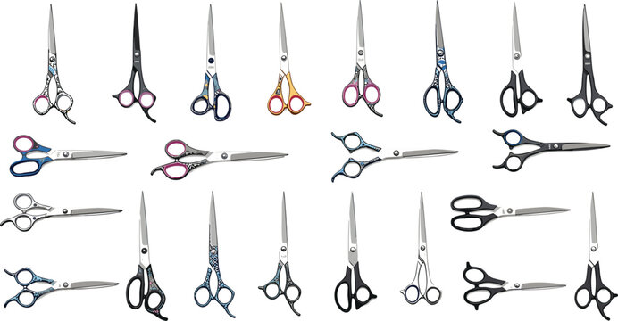 Comprehensive retail set of stainless steel hair cutting shears with ergonomic handles for salon stylists and barbers isolated on a plain white background
