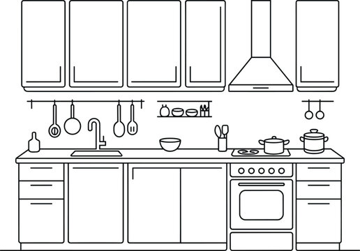 A detailed line drawing of a modern kitchen with appliances and utensils