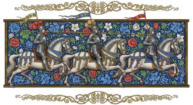 Decorative frieze showing three armored figures on galloping horses across a floral background with ornate gold swirls in illuminated style, ornate, historical, illuminated