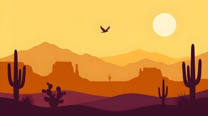 Fototapeta premium Minimalist desert landscape at sunset with saguaro cactus silhouettes, layered mountains and flying bird vector illustration