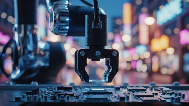 Advanced robotic arm with blue lights against a bokeh city background